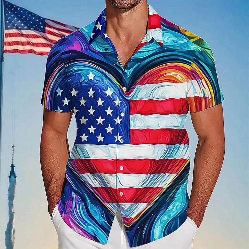 Independence Day Men's Heart American US Flag Patriotic Shirt Summer Shirt Button Up Shirt Short Sleeve Fashion Casual Outdoor Vacation Dailywear Summer Spring Turndown 3D Print Collared Shirts Blue2