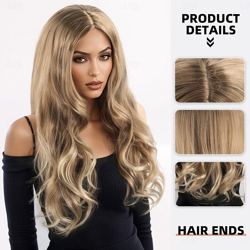 Synthetic Wig Wavy Deep Wave Layered Haircut With Bangs Machine Made Wig 26 inch A1 Synthetic Hair Women's Classic Comfortable Color Gradient Blonde2