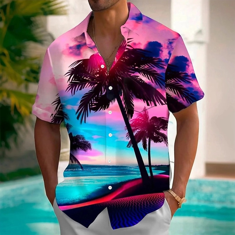 Men's Coconut Tree Landscape Tropical Plants Summer Hawaiian Shirt Button Up Shirt Aloha Shirt Short Sleeve Hawaiian Holiday Beach Wear Summer Spring Turndown 3D Print Collared Shirts Front One Pocket
