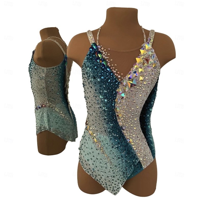 Rhythmic Gymnastics Leotard Women's Girls' Ice Skating Gymnastics Leotard White Thumbhole Halo Dyeing High Elasticity Professional Competition Skating Wear Crystal / Rhinestone Sleeveless Ice Skating Figure