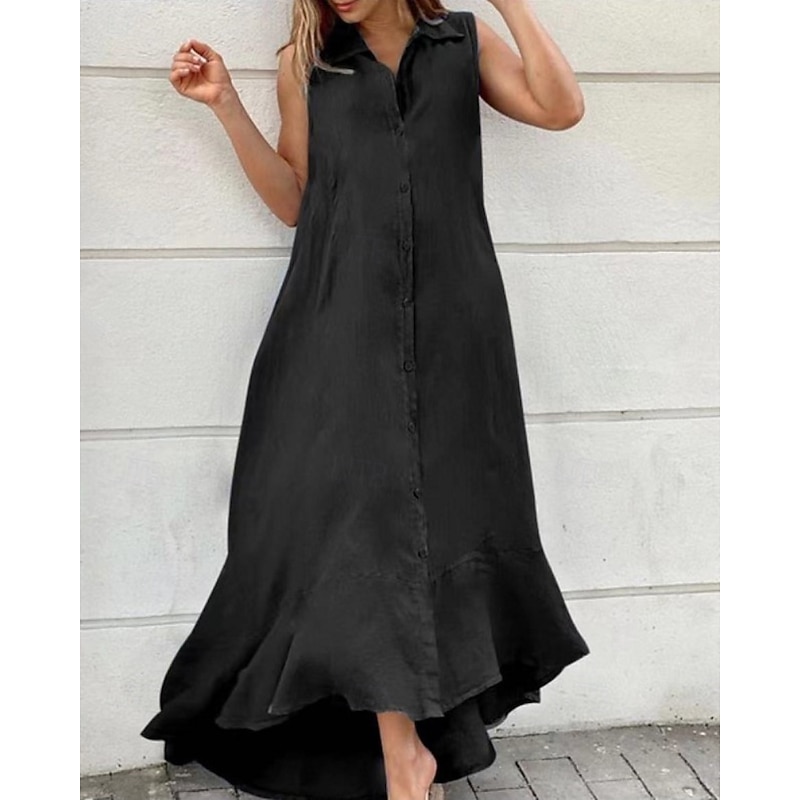 Women's Long Dress Maxi Dress Shirt Dress Cotton Linen Dress Classic Modern Outdoor Holiday Going out Regular Fit Plain Sleeveless Shirt Collar Black White Summer