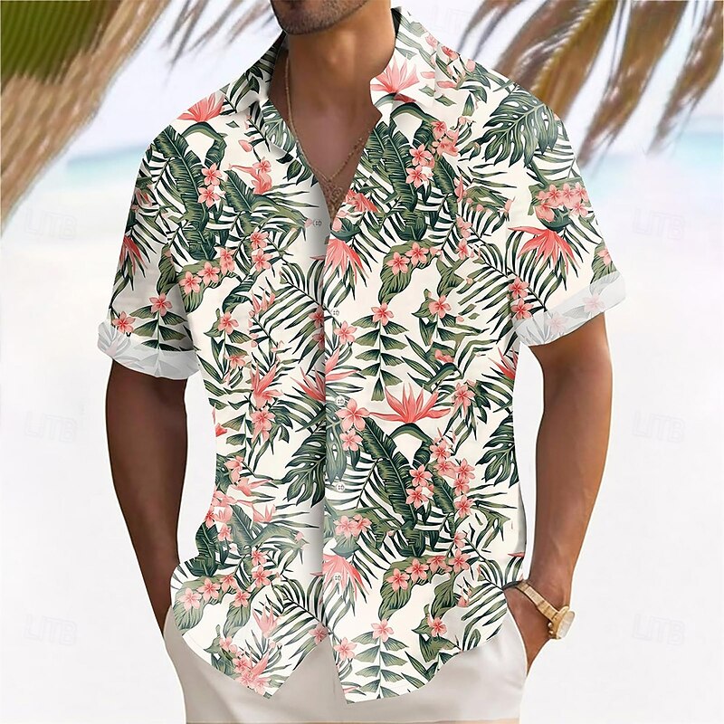 Men's Plants Tropical Flowers Palm Leaf Summer Hawaiian Shirt Button Up Shirt Aloha Shirt Short Sleeve Hawaiian Resort Vacation Holiday Beach Wear Summer Spring Turndown 3D Print Collared Shirts