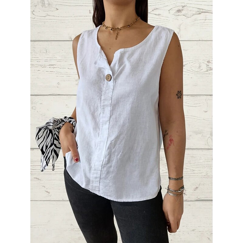 Women's Camisole Tank Top Solid Color Plain Basic Sleeveless V Neck Regular Tops Holiday Buttons White Army Green Red Beige Summer Spring2