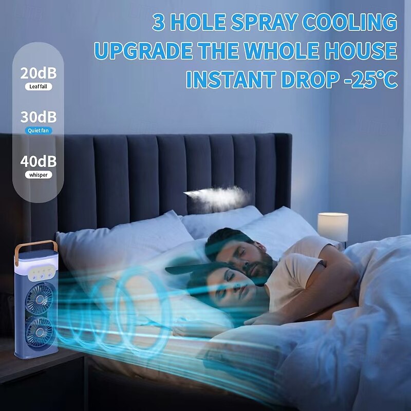 Portable Dual Head Mist Fan with Humidifier, USB Rechargeable Cooling Fan with 3 Speeds and LED Light for Home Office Travel2