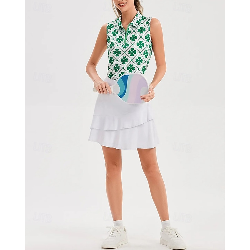 Women's Clover Sport Shirt Tennis Shirt Sleeveless Print UPF50+ Quick Dry Tennis Badminton Pickleball Zip Collar Tee Tshirt Top Green Tennis Clothing3