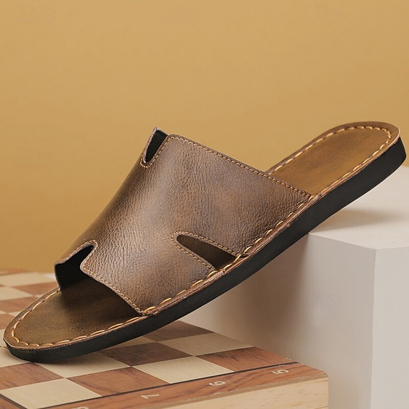 Men's Brown Faux Leather Slide Sandals with Open Toe – Comfortable Slip-On Summer Shoes for Beach, Pool or Casual Lounging