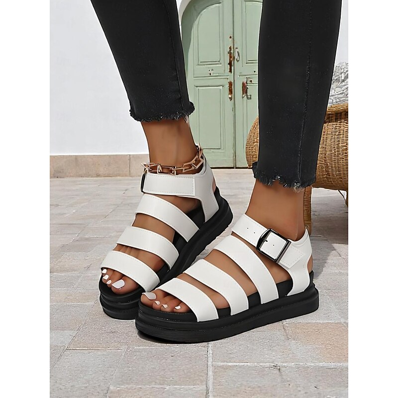 Women's White Buckled Strappy Sandals – Casual Sporty Flat Shoes for Daily Walking, Travel, and Summer Outings3