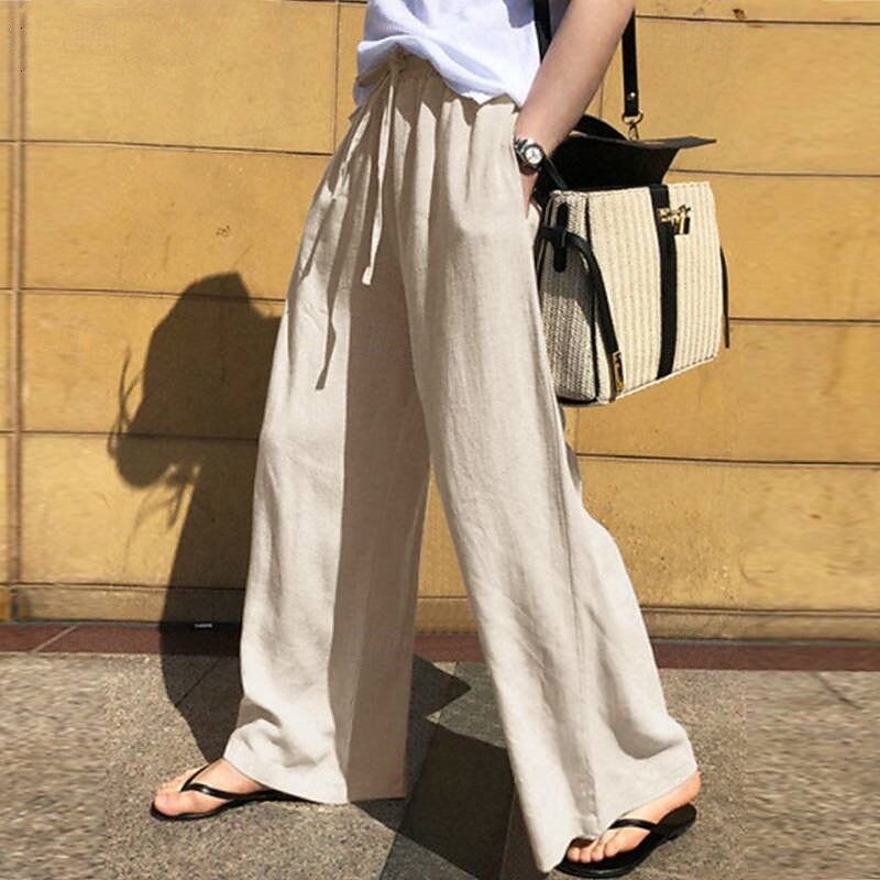 Women's Cotton Linen Pants Fashion Streetwear Comfort Full Length Natural Plain Elastic Waist Comfy Outdoor Comfortable Street Daily Wear Going out Black Dark navy Khaki Summer Regular Fit4