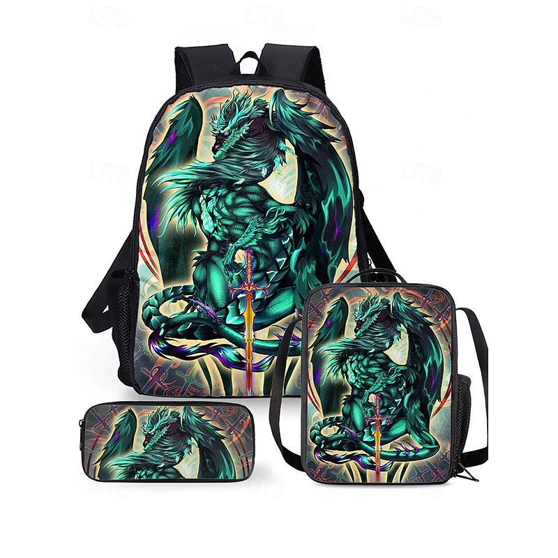 Boys' dragon themed three-piece backpack set, Including backpack, Cooler bag and pencil case, Bright blue design, perfect for school, Travel and everyday use, Ruth Thompson