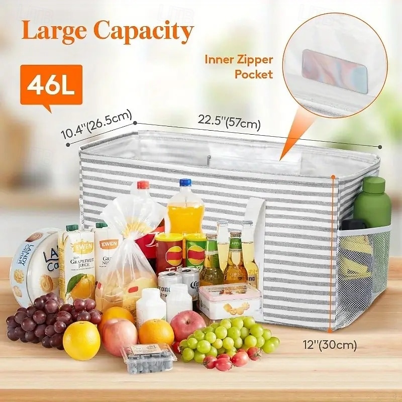 2pcs Extra Large Tote Bag, Reusable Grocery Bags with Metal Wire Frame and Handles, Standing Utility Foldable Shopping Bags for Storage, Picnics, Beach, Pool, Laundry, Car, Camping, 2 Packs, Grey4