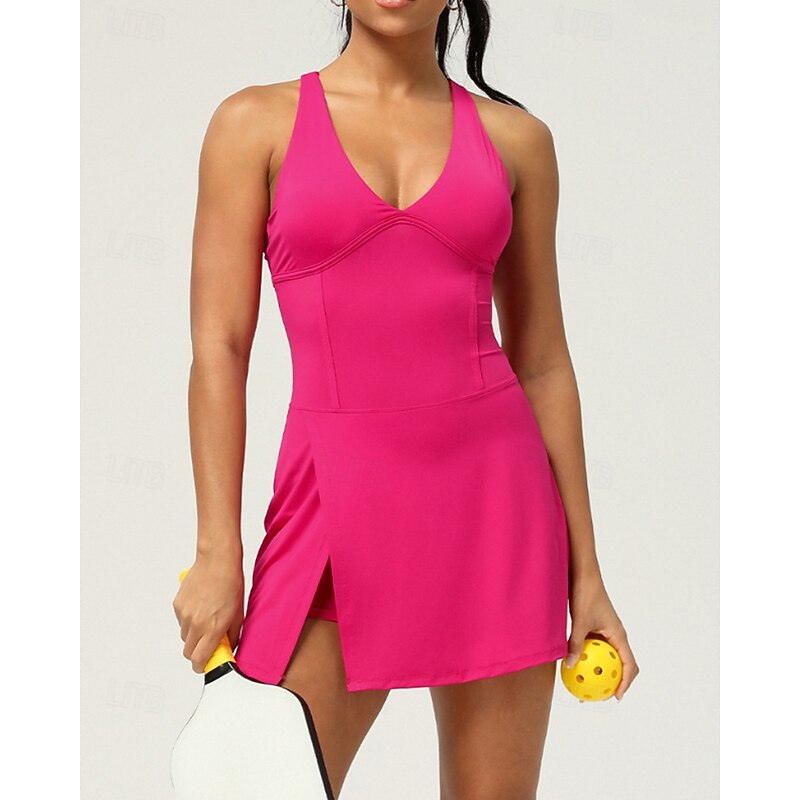 Women's Solid Colored Tennis Dress with Built in Shorts and Bra Sports Dress Sleeveless Layered Cut Out Split Breathable Tennis Golf Pickleball V Neck Crisscross Back Navy Black White Tennis Clothing2