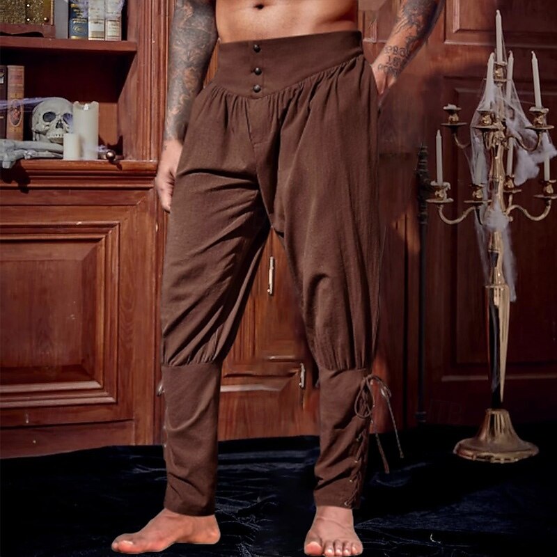 Men's Linen Pants Trousers Summer Pants Casual Pants Pirate Pants Elastic Waist Leg Drawstring Plain Comfort Breathable Full Length Vacation Party Casual Ethnic Style Retro Vintage Black Sky Blue2