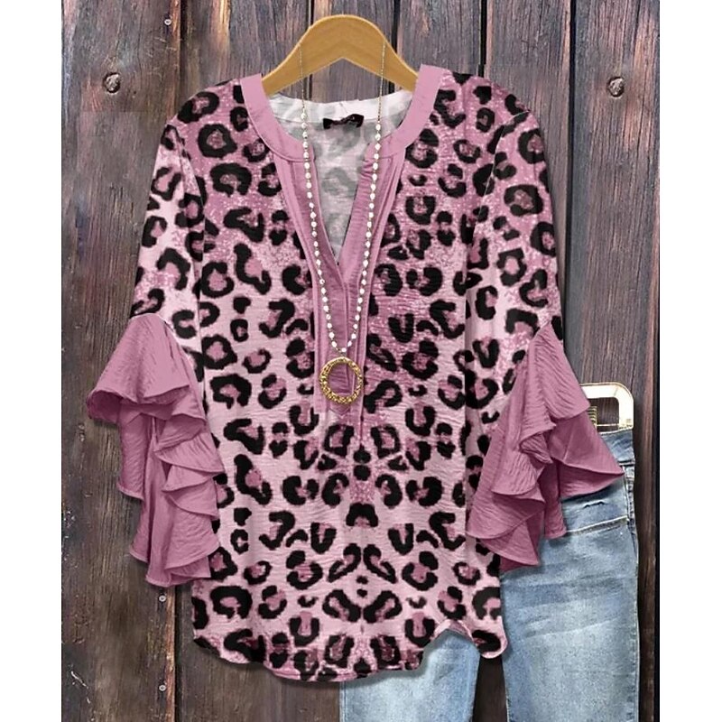American Women's Blouse Graphic Leopard Bohemia Vintage Daily 3/4 Length Sleeve Flutter Sleeve V Neck Regular Tops Daily Holiday Vacation Wear Ruffle Print Yellow Light Green Pink4