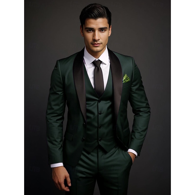 Men's Wedding Prom Party Suits Shawl Lapel Burgundy Dark Green Luxury Formal Solid Colored Standard Fit 3 Piece Single Breasted Two-buttons2
