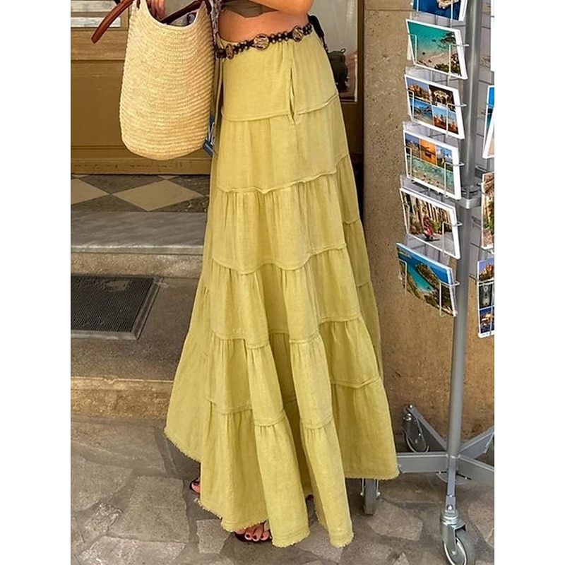 Women's Skirt A Line Solid Color Fashion Casual Maxi High Waist Skirts Plain Layered Micro-elastic Vacation Street Black White Orange Green Summer Polyester2