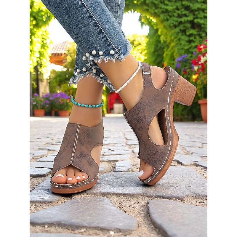 Women's Brown Cut-Out Sandals - Stylish Peep-Toe with Heel, Perfect for Casual and Chic Summer Look3