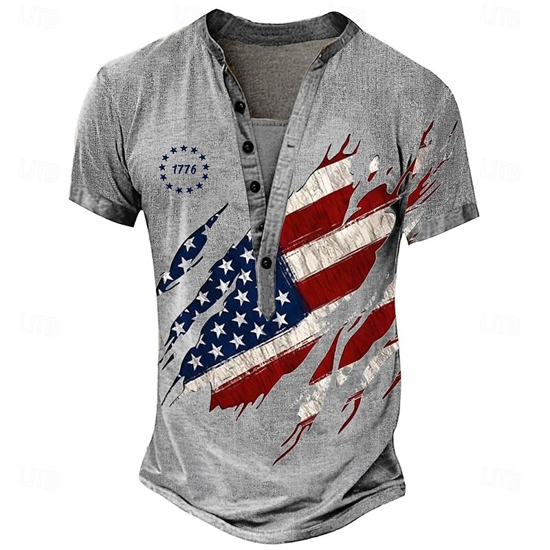 Men's American US Flag Stars and Stripes T Shirt Henley Shirt Tee Short Sleeve Designer Basic Classic Outdoor Casual Daily Summer Light Blue Khaki Gray Henley Henley T-Shirt3