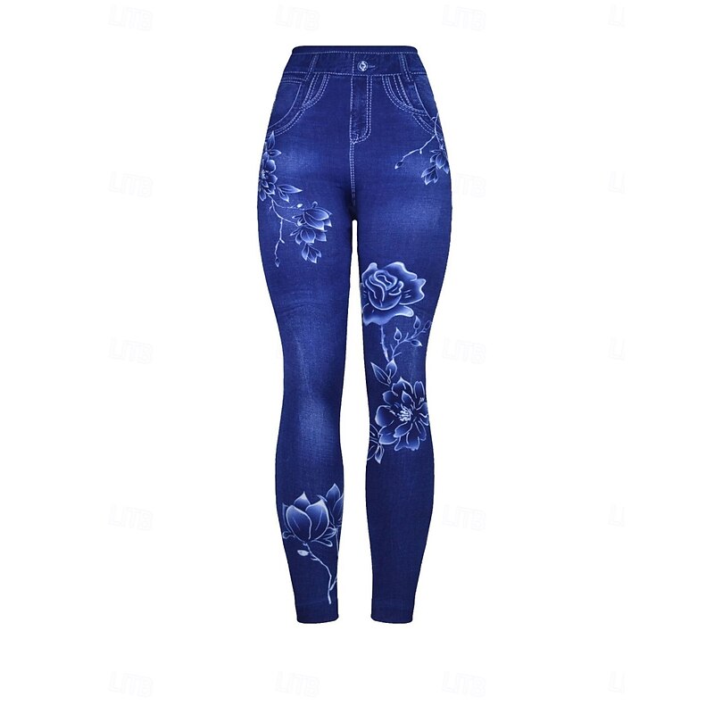 Women's Leggings Trousers 3D Print Chinos Vacation Vintage Streetwear Full Length High Waist Floral Printing Comfy Soft Comfortable Stretchy Outdoor Street Blue Summer Slim Fit3