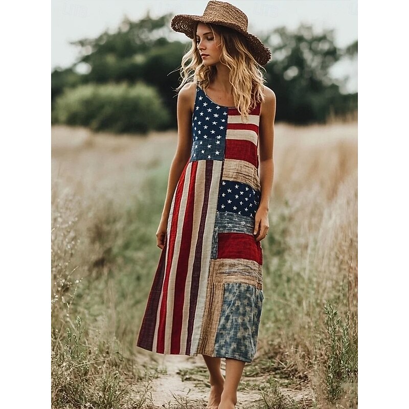 Women's Patriotic  Maxi Dress A Line Dress Dress Off The Shoulder Dress Vacation Casual Party Street Regular Fit Graphic Flag Sleeveless Square Neck Scoop Neck Red Blue