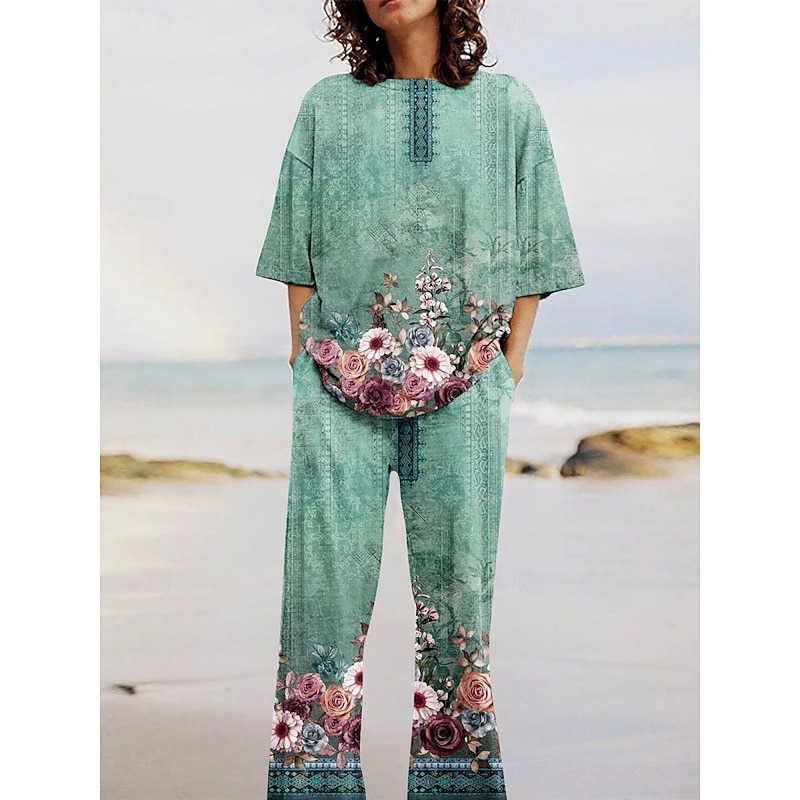 Women's Active Vacation Pants Sets Half Sleeve Crew Neck Ombre Floral Print Casual Daily Black White Navy Blue Summer Regular Fit3