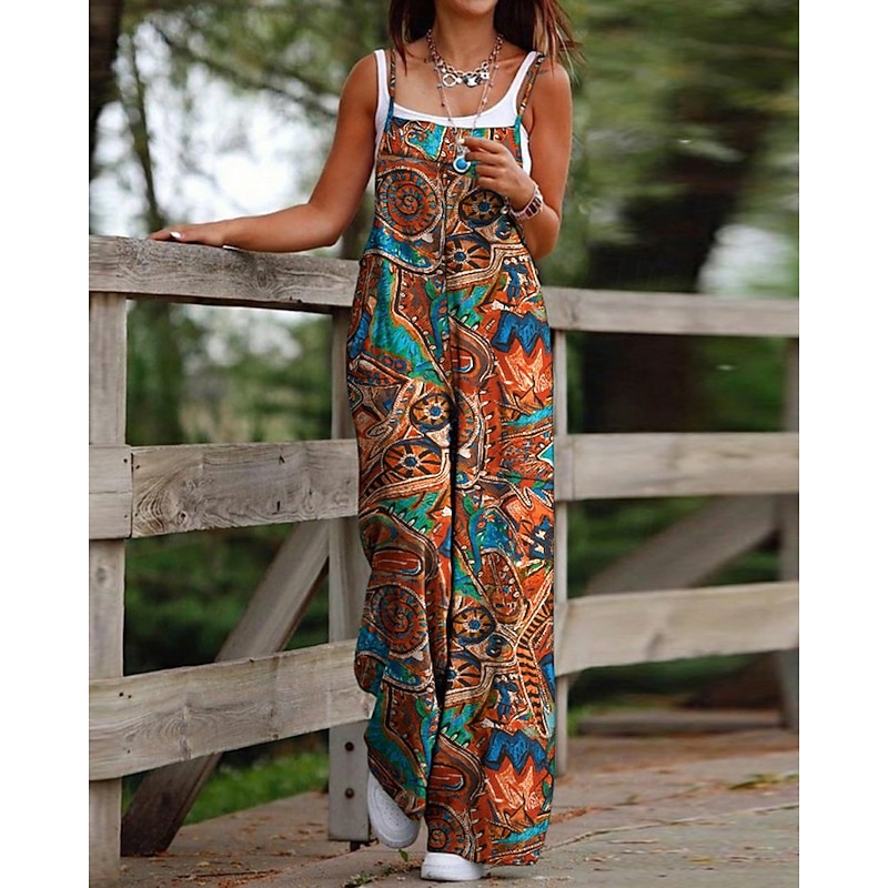 Women's Normal Jumpsuit Casual Floral Sleeveless U Neck Print Street Holiday Regular Fit Red Blue Khaki Summer