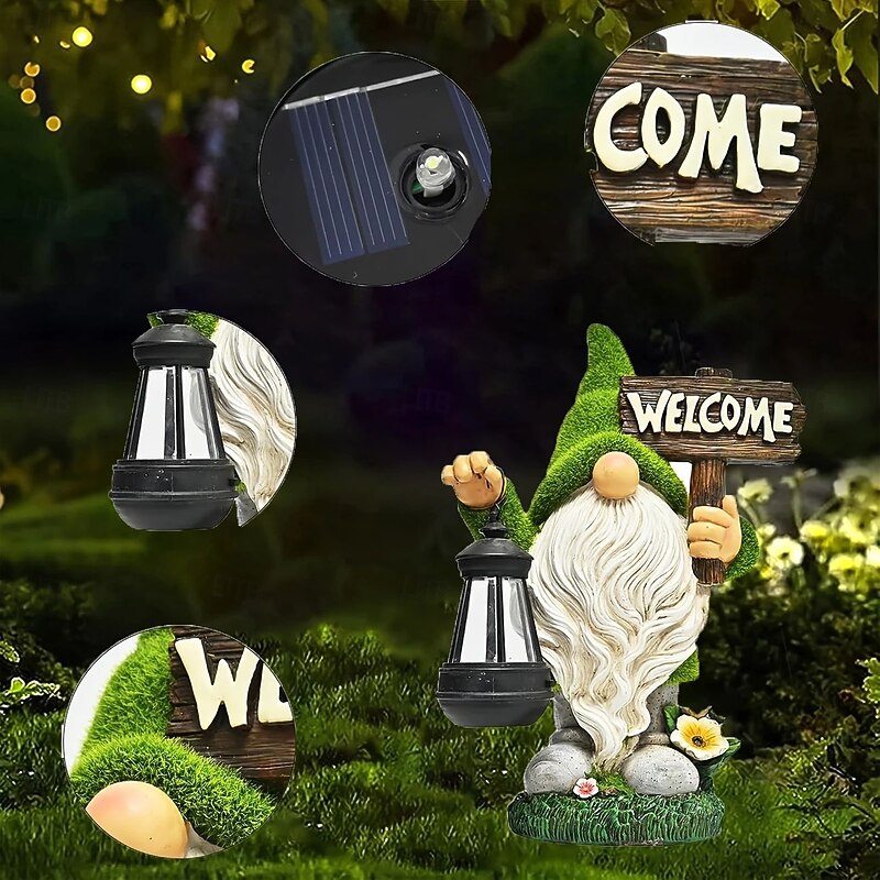 Outdoor Garden Lighs Gnome Statue Outdoor Decoration Large Flocked Resin Gnome Statue with Solar Light Handheld Lantern Welcome Sign Garden Yard Patio Porch Lawn Decoration4