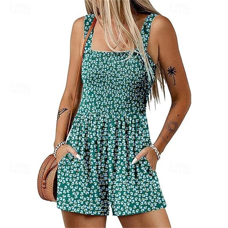 Women's Normal Romper Casual Floral Sleeveless Baggy Shorts Print Street Daily Regular Fit Black Light Green Pink Summer