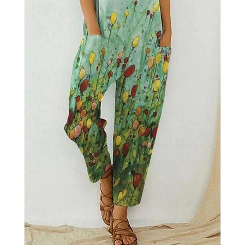 Women's Normal Jumpsuit Streetwear Floral Sleeveless U Neck Pocket Print Daily Going out Regular Fit Green Summer3