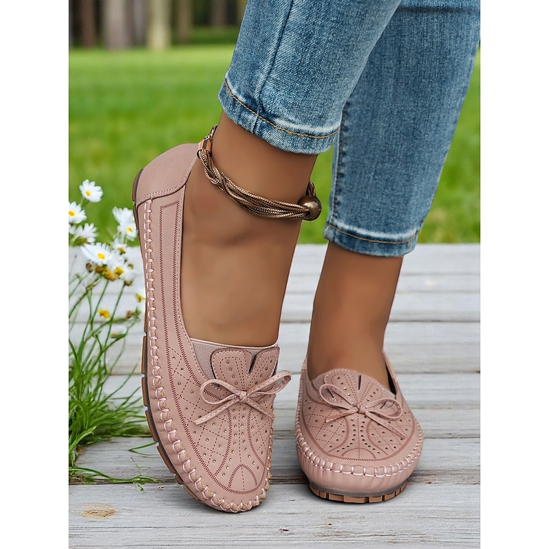 Moccasin Loafers for Women – Soft Shoes with Bow Detail and Rhinestone Design, Ideal for Casual Comfort and Spring/Summer Walks - Main Image