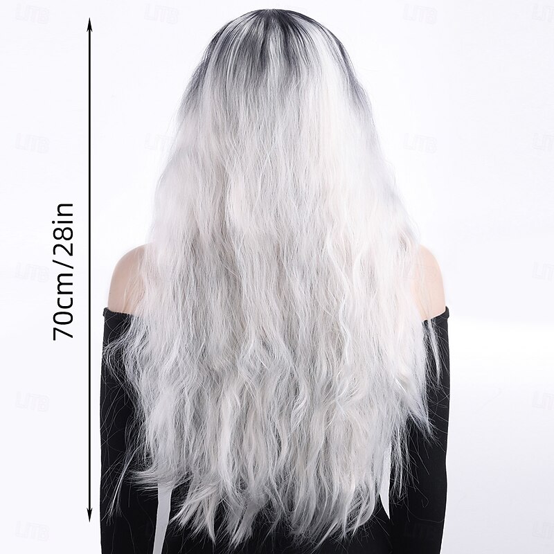 Synthetic Wig Wavy Deep Wave Layered Haircut With Bangs Machine Made Wig 28 inch A1 Synthetic Hair Women's Classic Comfortable Color Gradient White2