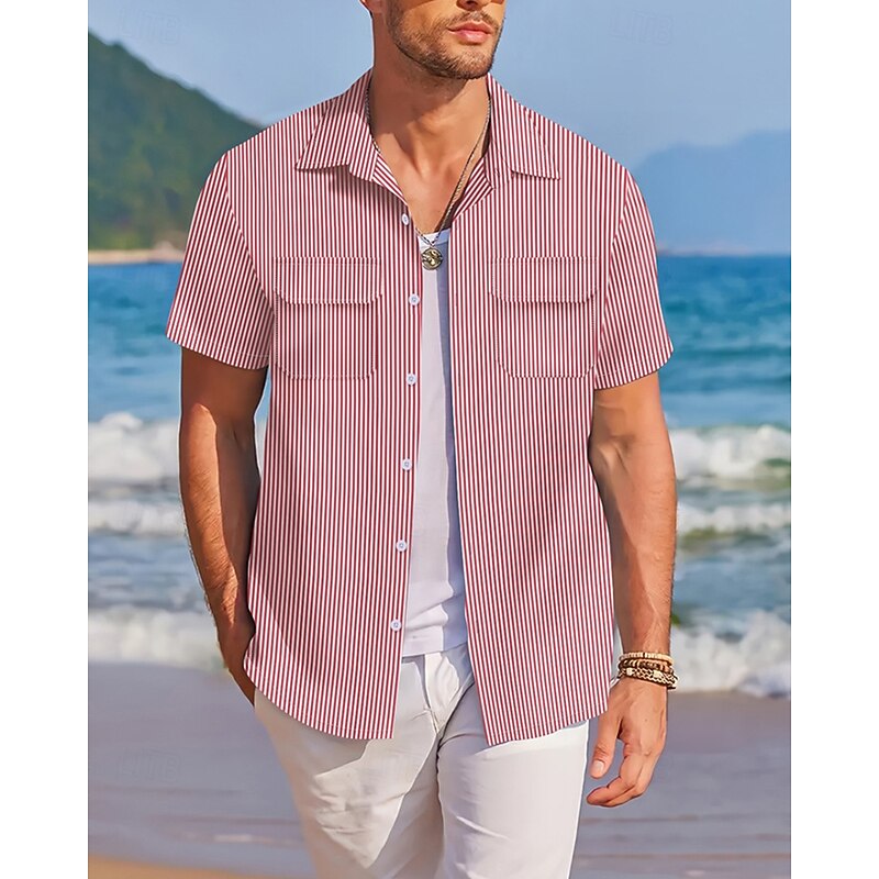 Men's Shirt Summer Shirt Casual Shirt Beach Shirt Button Up Shirt Pink Wine Blue Green Deep Blue Short Sleeve Stripes Lapel Vacation Hawaiian Front Pocket Clothing Apparel Cotton Blend Fashion Casual2