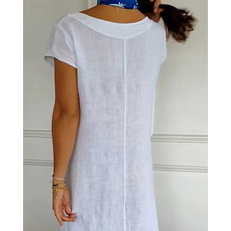 Women's Midi Dress Casual Dress Cotton Linen Dress Fashion Classic Outdoor Holiday Going out Regular Fit Plain Short Sleeve Crew Neck Black White Khaki Summer4