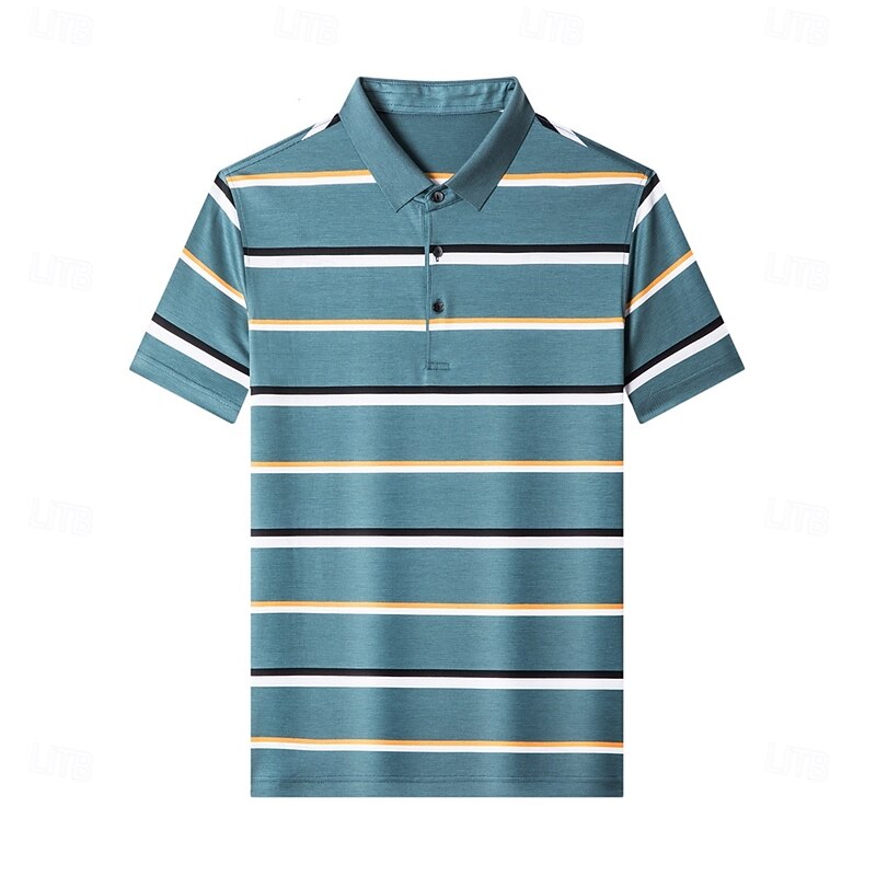Men's Polo Formal Work Turndown Short Sleeve Basic Formal Striped Stripe Printing Summer Regular Fit Black Green Polo2