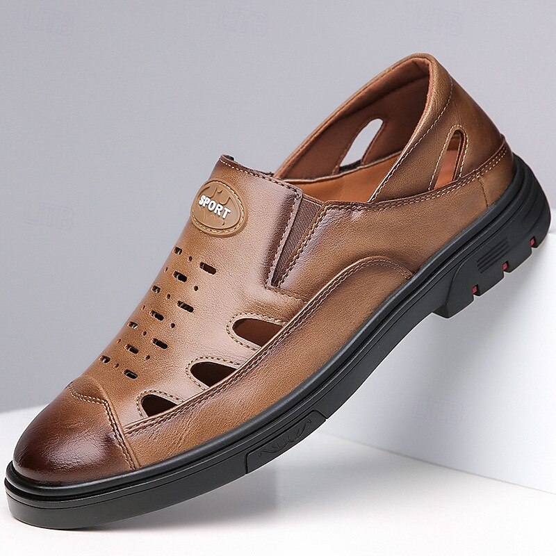 Men's Brown Leather Sandals with Breathable Cutout Design - Comfortable Footwear for Summer, Beach and Outdoor Activities