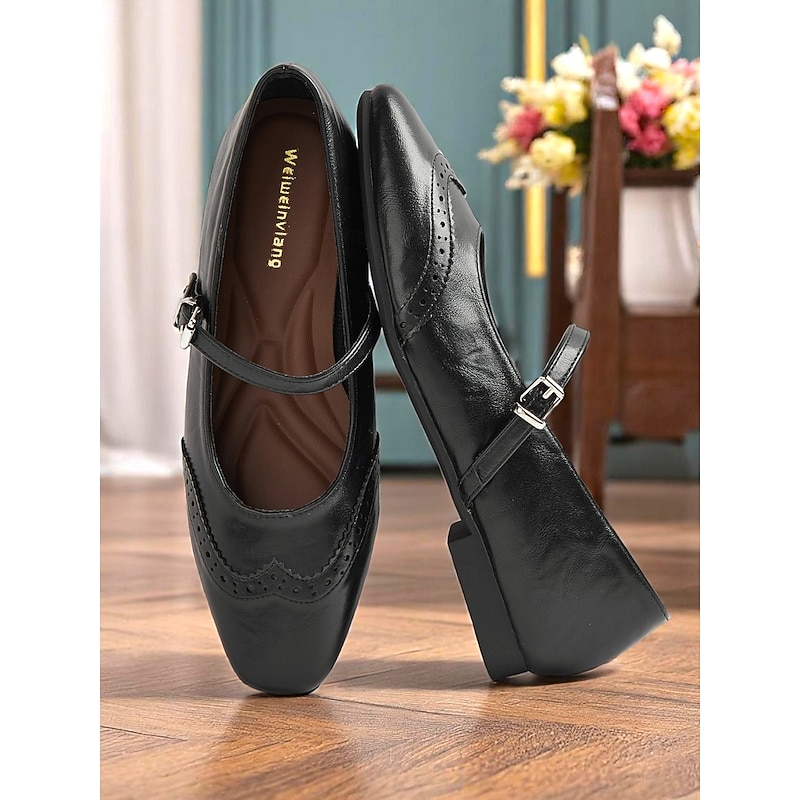 Women's Black Faux Leather Mary Jane Flats – 1950s Vintage Schoolgirl Style with Brogue Detail for Daily Wear & Lolita Outfits