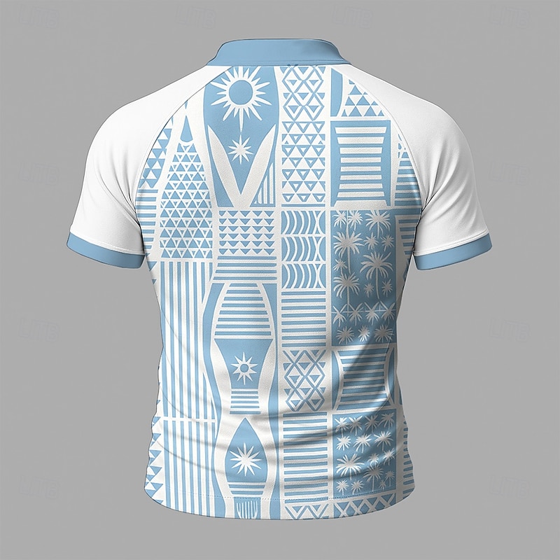 Men's Graphic Zip Polo Short Sleeve Stand Collar Modern Leisure Athleisure Casual Daily Zipper 3D Print Summer Robin's Egg Blue White Blue White4