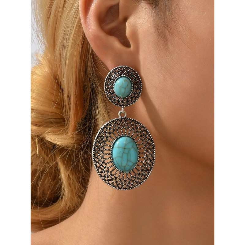 Women's Bohemian Turquoise Drop Earrings – Vintage Western Style Statement Jewelry with Feather and Bead Details for Parties, Festivals and Casual Wear
