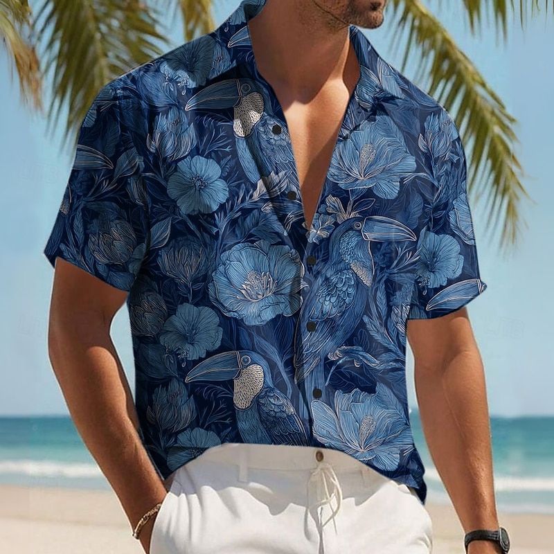 Men's Floral Print Tropical Flowers Parrot Shirt Summer Hawaiian Shirt Button Up Shirt Short Sleeve Hawaiian Resort Vacation Holiday Beach Wear Summer Spring Turndown 3D Print Collared Shirts Dark