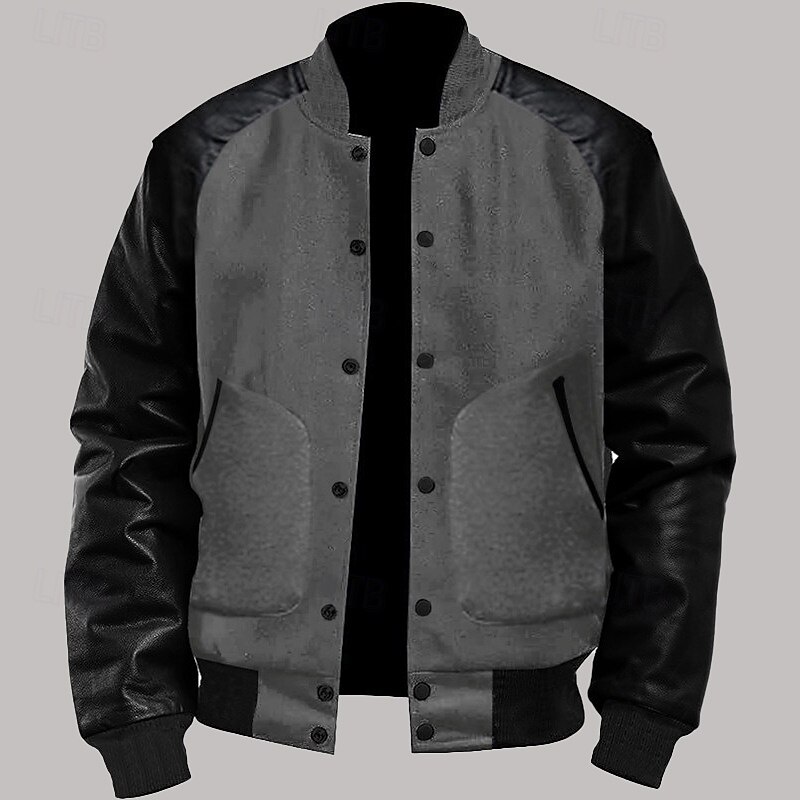 Men's Transition Jacket Varsity Jacket Daily Wear Leather Sleeved Spring &  Fall Plain Streetwear Stand Collar Short Black White Light Grey Dark Gray Jacket