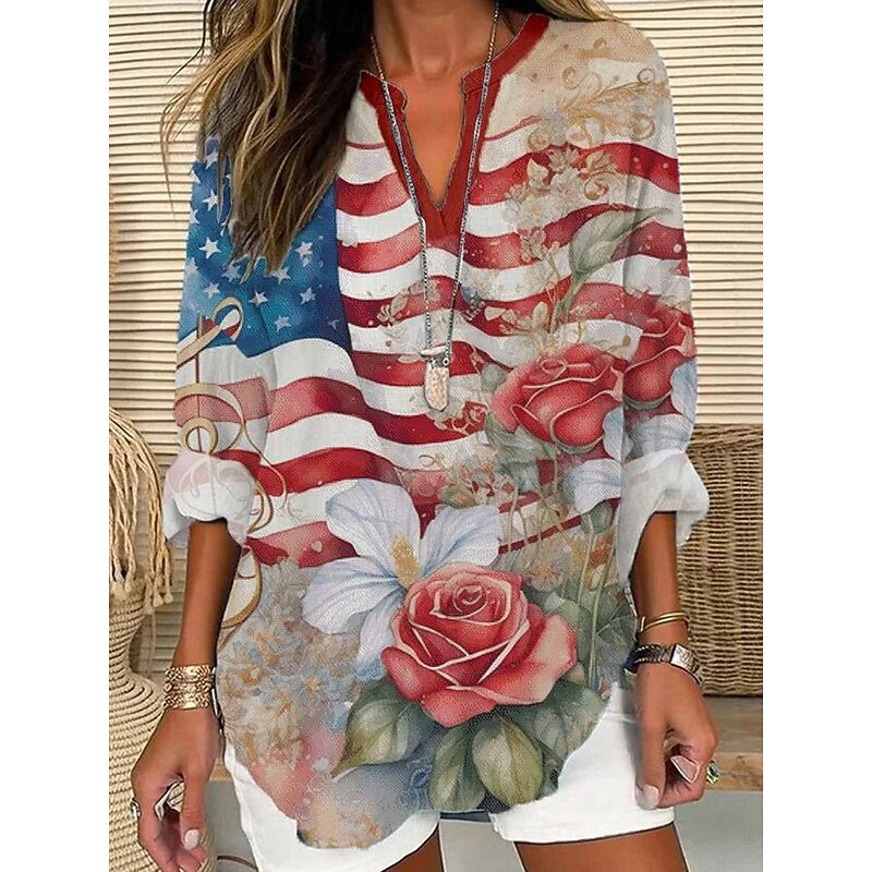 Women's Blouse Tunic V Neck Long Sleeve Boho Casual Patriotic Graphic Flag Vintage Tropical Regular Tops Daily Wear Print Black Red Blue