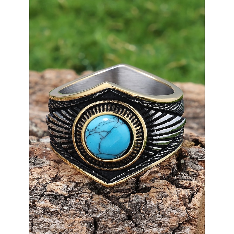 Men's Vintage Turquoise Stainless Steel Ring – Bohemian Tribal Style Statement Jewelry for Casual Wear, Music Festivals or Gifts3