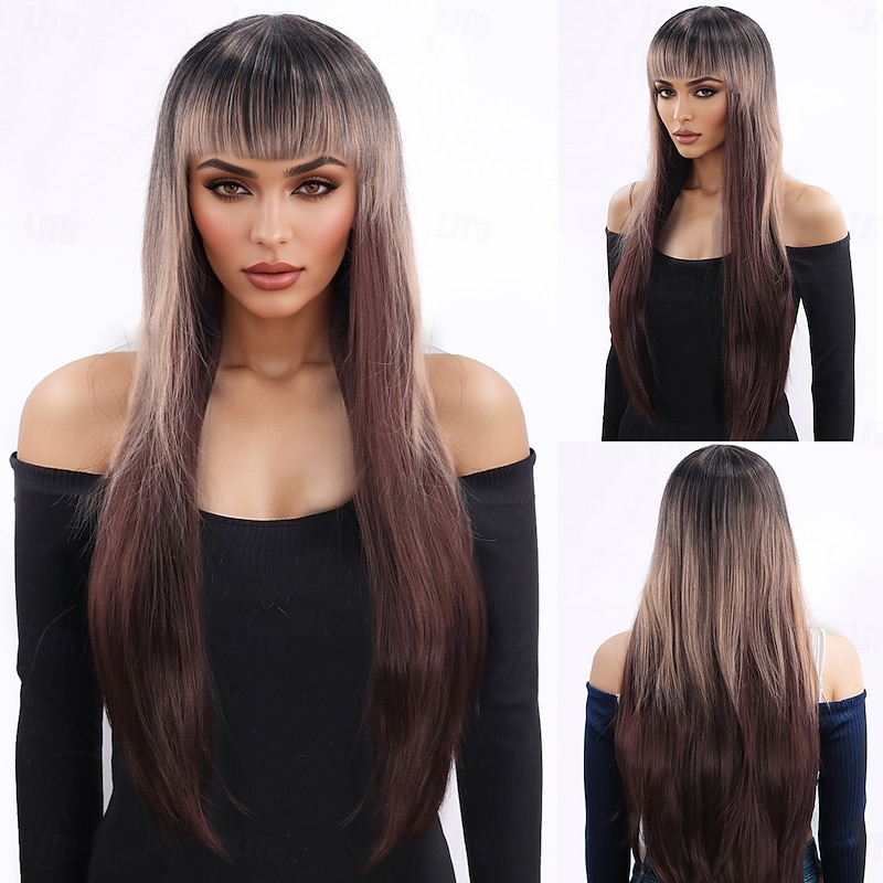 Synthetic Wig kinky Straight Natural Straight Layered Haircut With Bangs Machine Made Wig 28 inch A1 Synthetic Hair Women's Classic Comfortable Color Gradient Brown