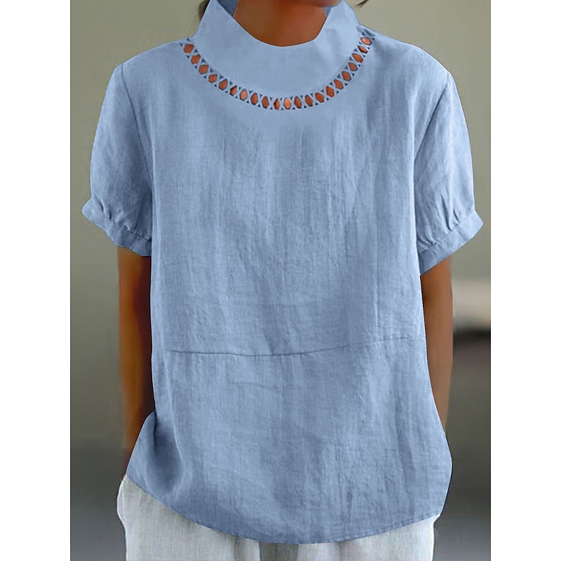 Women's Blouse Solid Color Elegant Stylish Casual Short Sleeve Turtleneck Regular Tops Daily Holiday White Blue Summer