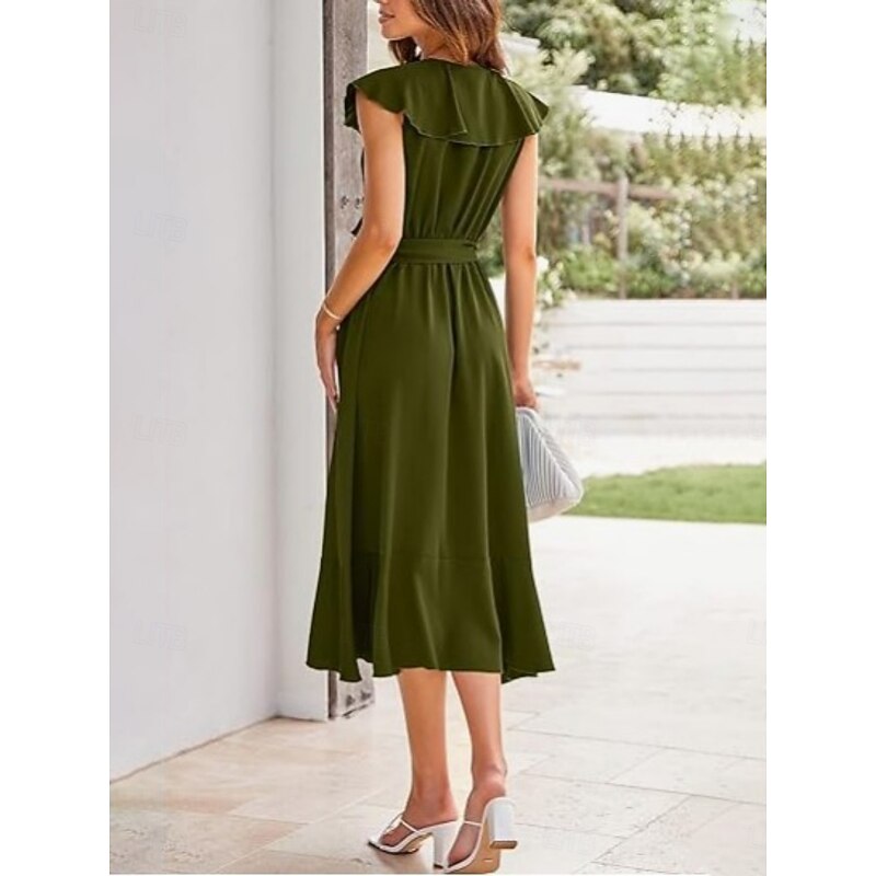 Women's Midi Dress Wrap Dress A Line Dress Summer Dress Casual Daily Regular Fit Plain Short Sleeve V Neck Black Royal Blue Army Green Apricot Summer3
