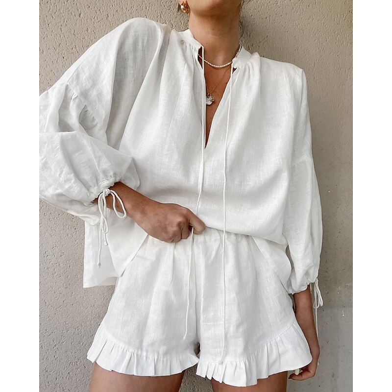 Women's Active Cotton Linen Shirts Blouse Shorts Sets Long Sleeve V Neck Solid Color Ruched Casual Daily Weekend Black White Pink Summer Regular Fit
