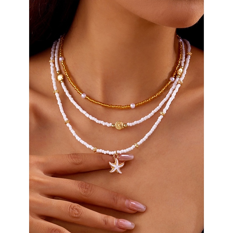 Women's beach style layered necklace bracelet anklet set with starfish and shell charms, Gold and white beaded design, Suitable for summer vacation, Casual and bohemian style3