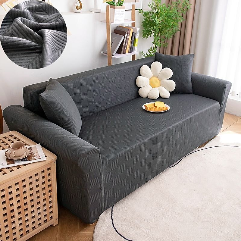Stretch Sofa Cover Slipcover Elastic Sectional Couch Armchair Loveseat 4 or 3 seater L shape Jacquard Grey Water Repellent Plain Solid Soft Durable Washable