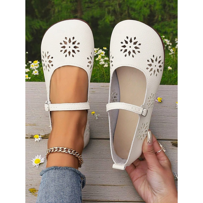Women's Comfort Mary Jane Wide-Toe Flats with Floral Cutouts – Soft Sole Casual Barefoot Shoes for Ladies – Great for Brunch, Farmers Markets and Outd