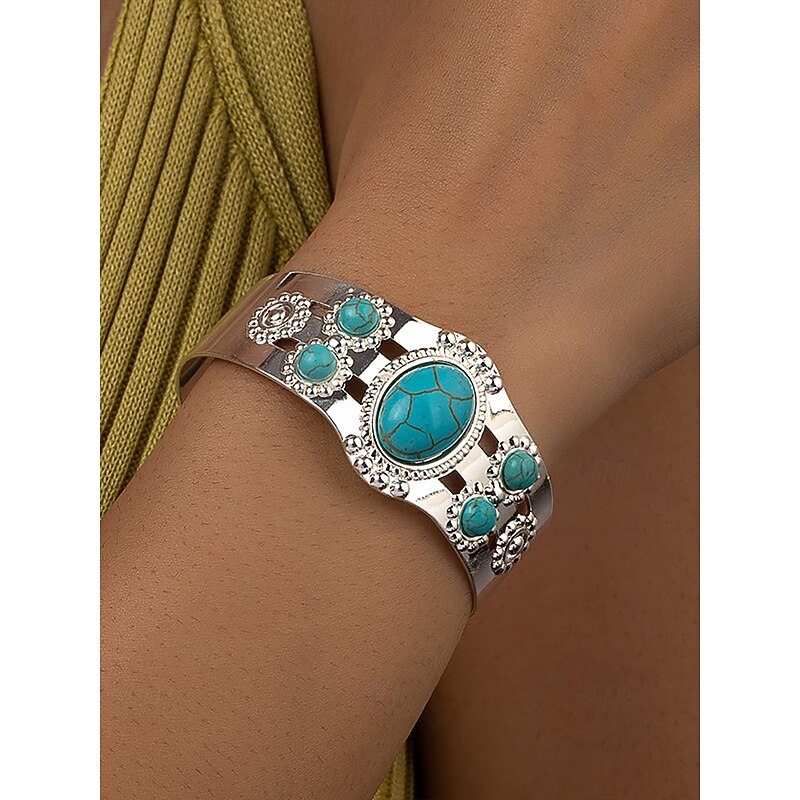 Women's Vintage Gold Cuff Bracelet with Turquoise Stones – Boho Style Adjustable Bangle for Ladies, Ideal for Casual Outfits, Parties and Summer Festivals