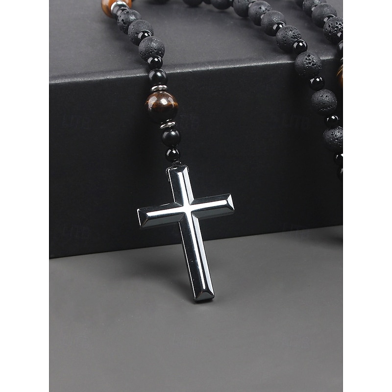 Men's Black Lava Stone and Tiger Eye Cross Pendant Necklace – Stainless Steel Spiritual Beaded Necklace with Adjustable Length, Perfect Father's Day Gift for Casual and Religious Wear4